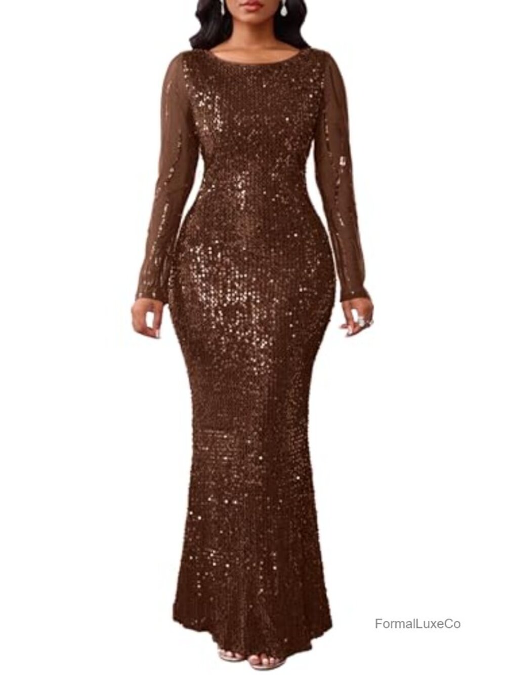 Sequined Long Sleeve Mermaid Bodycon Maxi Dress